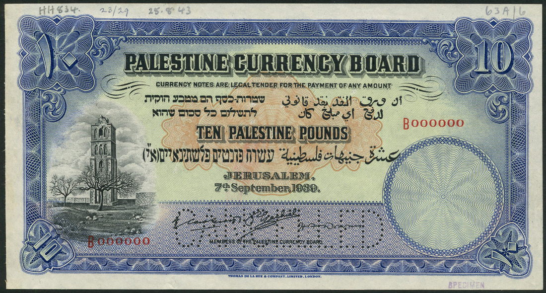 807 Palestine Currency Board, specimen £10, 7 September 1939, serial...