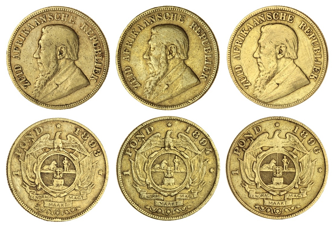 618 - South Africa, Republic, gold Kruger Ponds (3), 1893, 1894, 1896,...