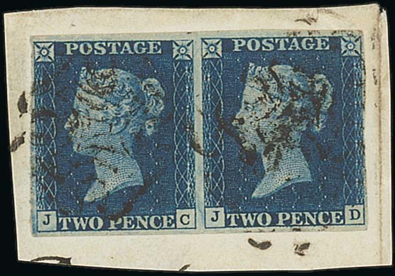 1425 - Great Britain 1840 Two Pence Blue Plate 1 JC-JD horizontal pair,...