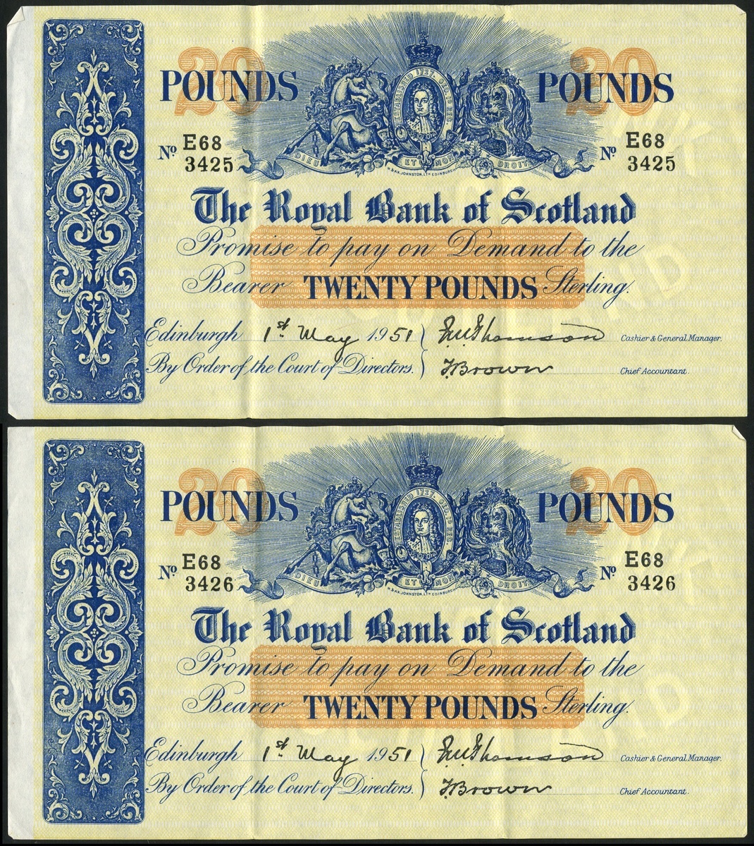 2897 - The Royal Bank of Scotland, consecutive £20 (2), 1 May 1951, ser...