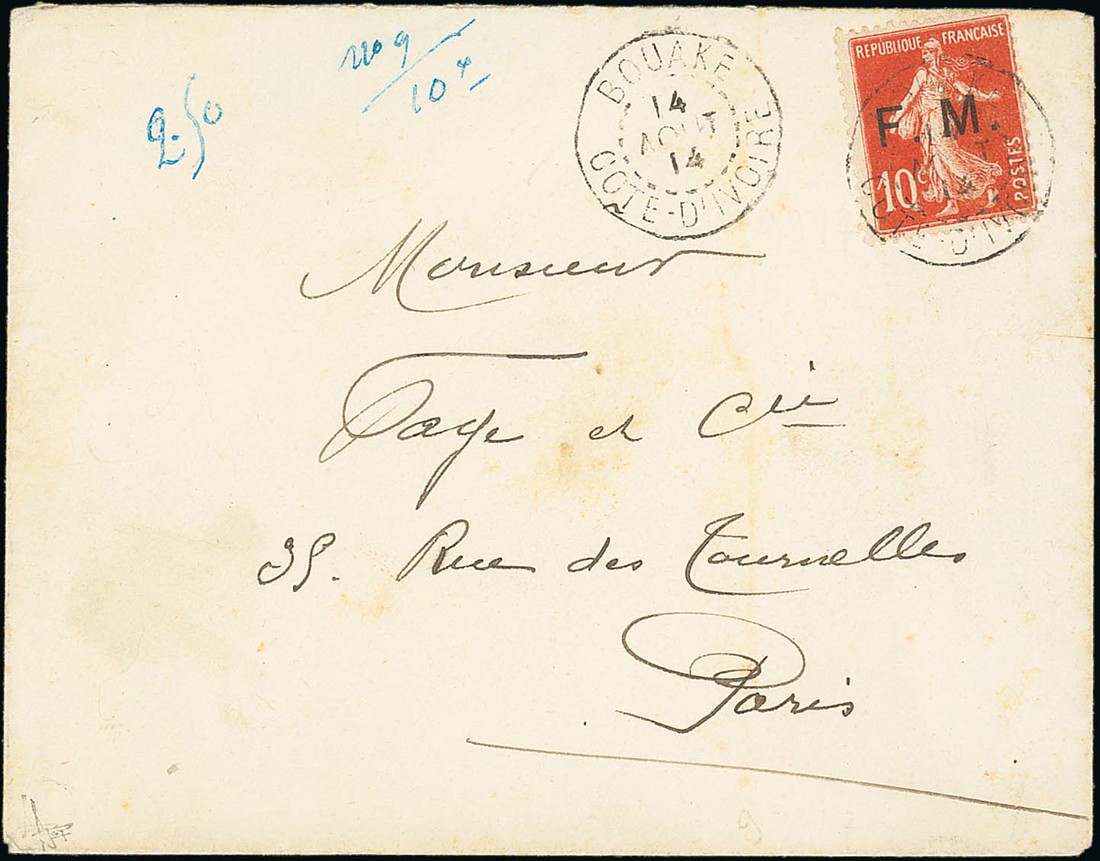 725 - Ivory Coast 1914 (14 Aug.) Envelope To Paris Franked France 190