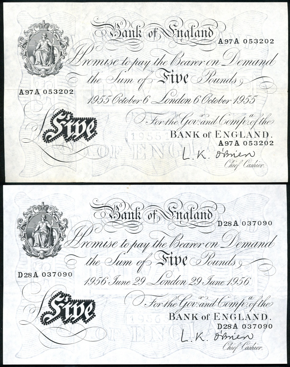 2144 - Bank of England, L.K. O'Brien, £5 (2), London, 1955, 1956