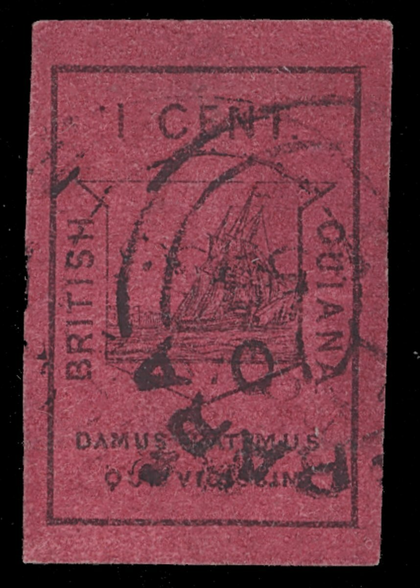 1349 British Guiana 1852 1c. black on magenta cancelled by fine part...