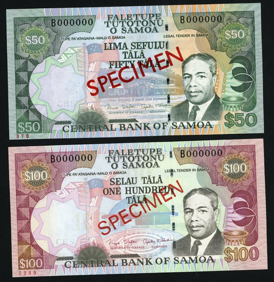 1811 - Samoa, specimen $50, $100, 1985, serial number 0, (Pick 29s, 30s...