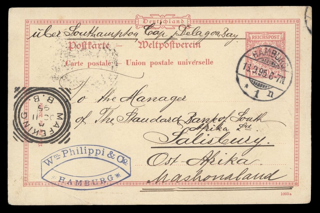 Rhodesian Mail 780 - Rhodesia Incoming Mail 1895 (13 Sept.) German 10pf. card from Ha...