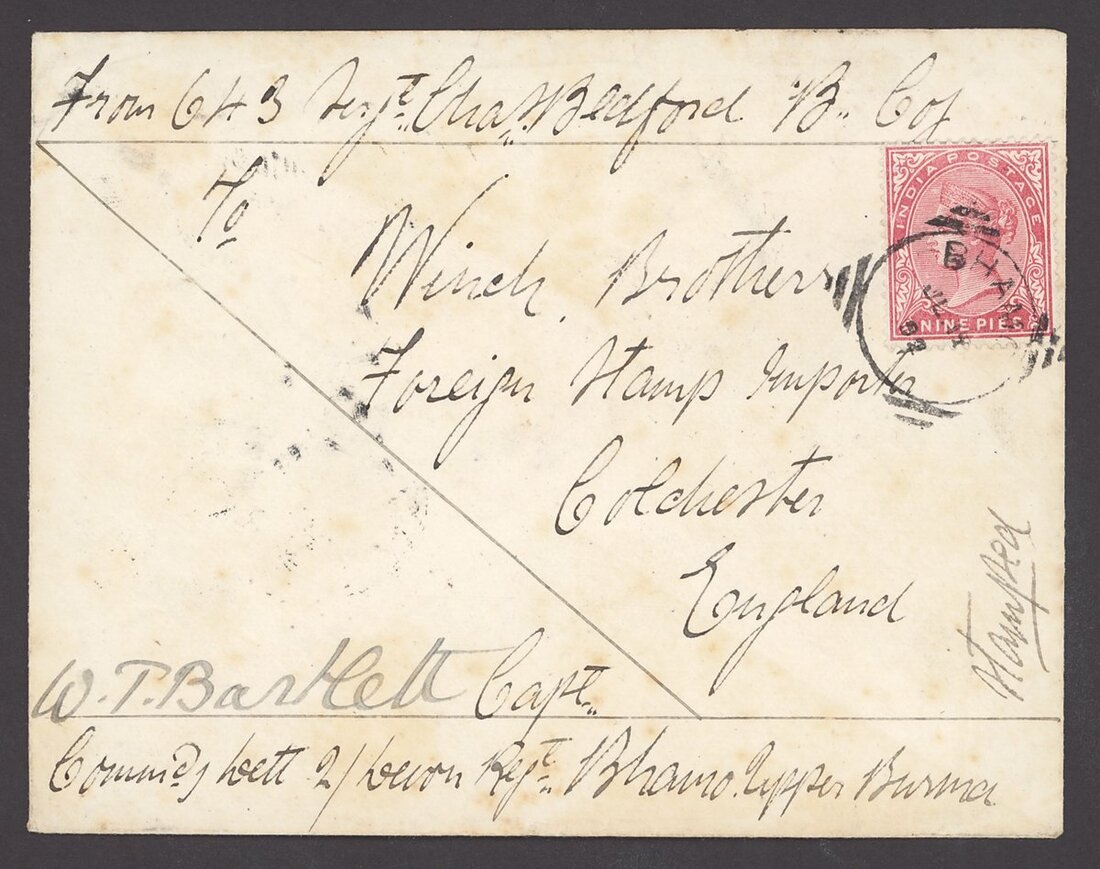 418 - Burma Military Mail Garrison Mail 1892 (17 July) envelope to Col...