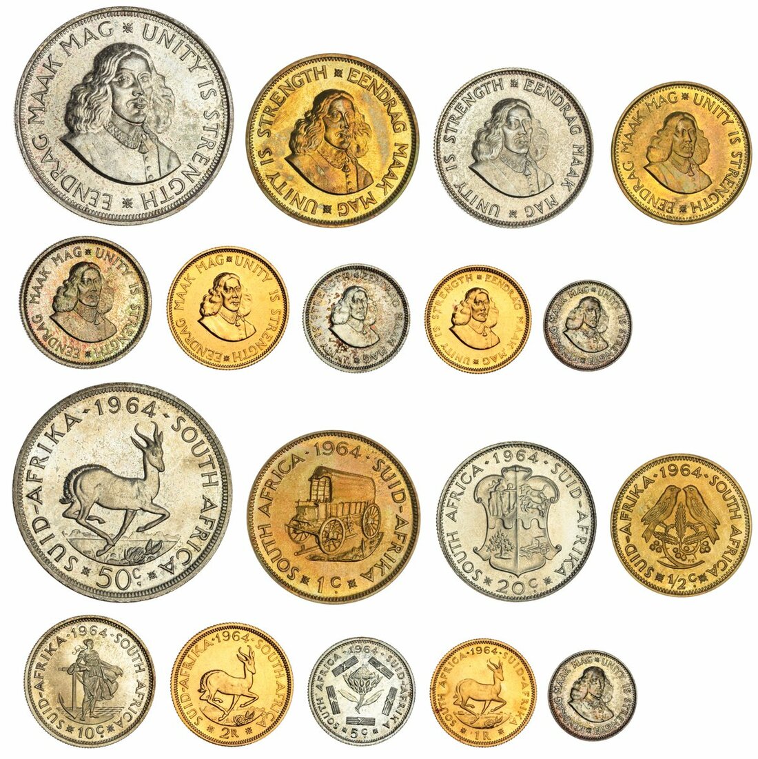 87 - South Africa, Proof Nine Coin Set, 1964, Gold Two Rand and One R...