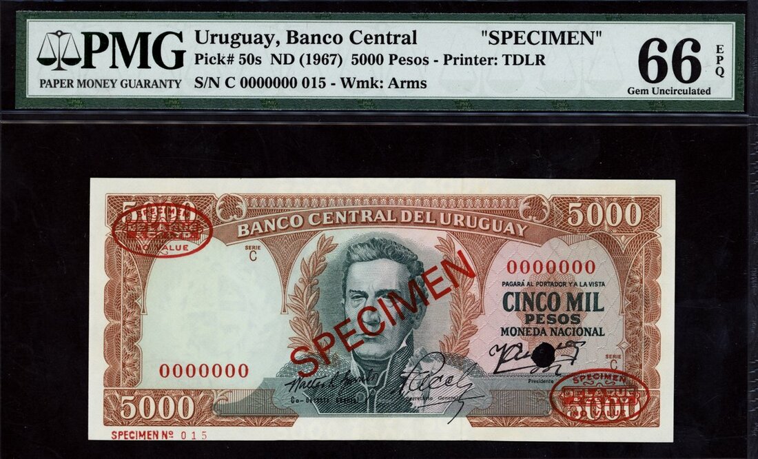 1885 - Banco Central Del Uruguay, specimen 5000 pesos ND (1967), serial...