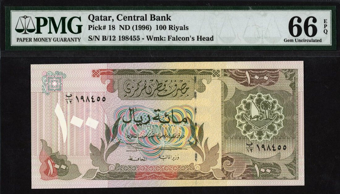 1879 - Qatar Central Bank, 100 Riyals, ND (1996), Serial Number B/12 19...