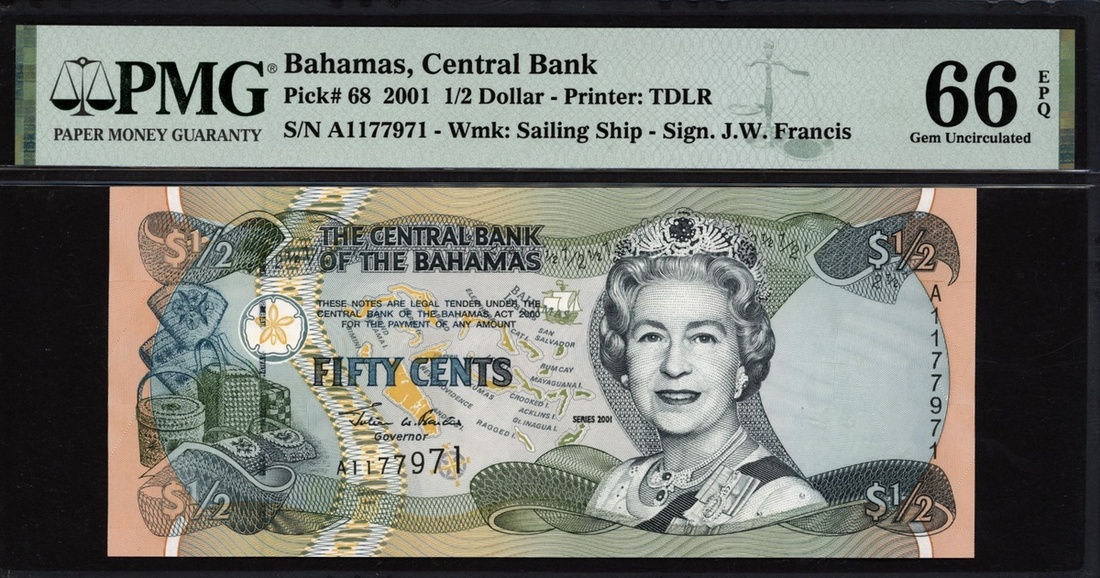 63 - Central Bank Of The Bahamas, 1/2 Dollar, 2001, Serial Number A11...