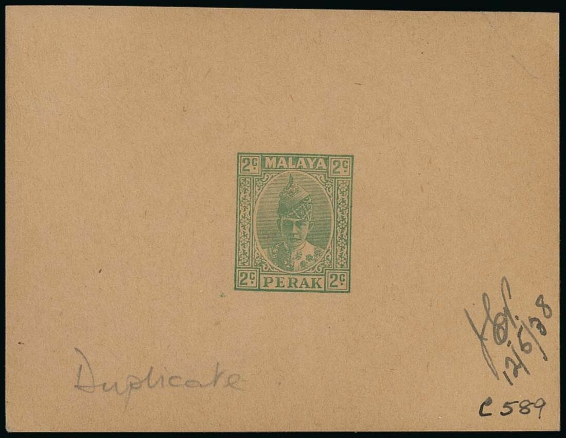 405 - Perak Postal Stationery Cards 1938 2c. green on buff card number...