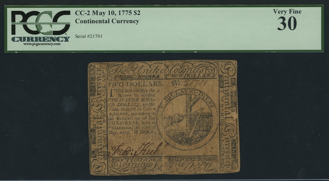 596 - Continental Currency, $2, 10th May 1775, serial number 21701, (C...