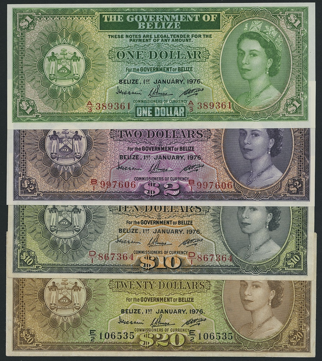 41 - [4 notes] Government of Belize, $1, $2, $10, $20, 1st January 19...