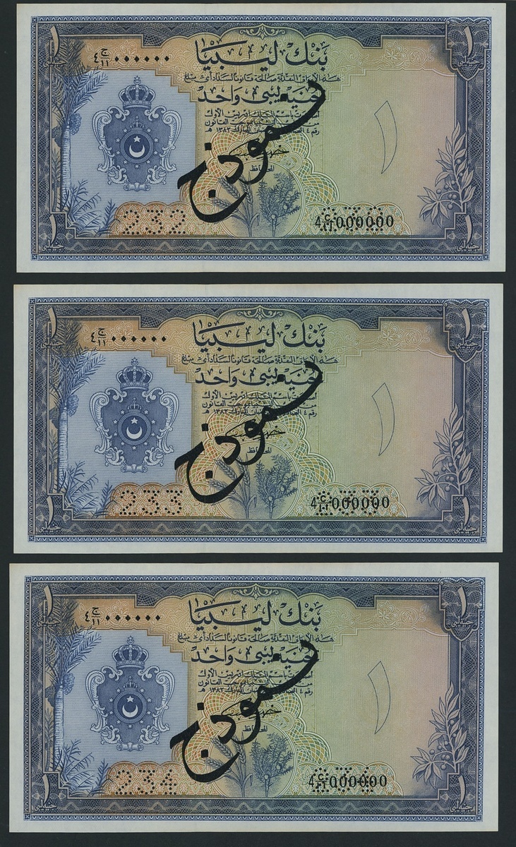 602 - Bank of Libya, [3 notes] specimen 1 Libyan Pound, 5th February 1...