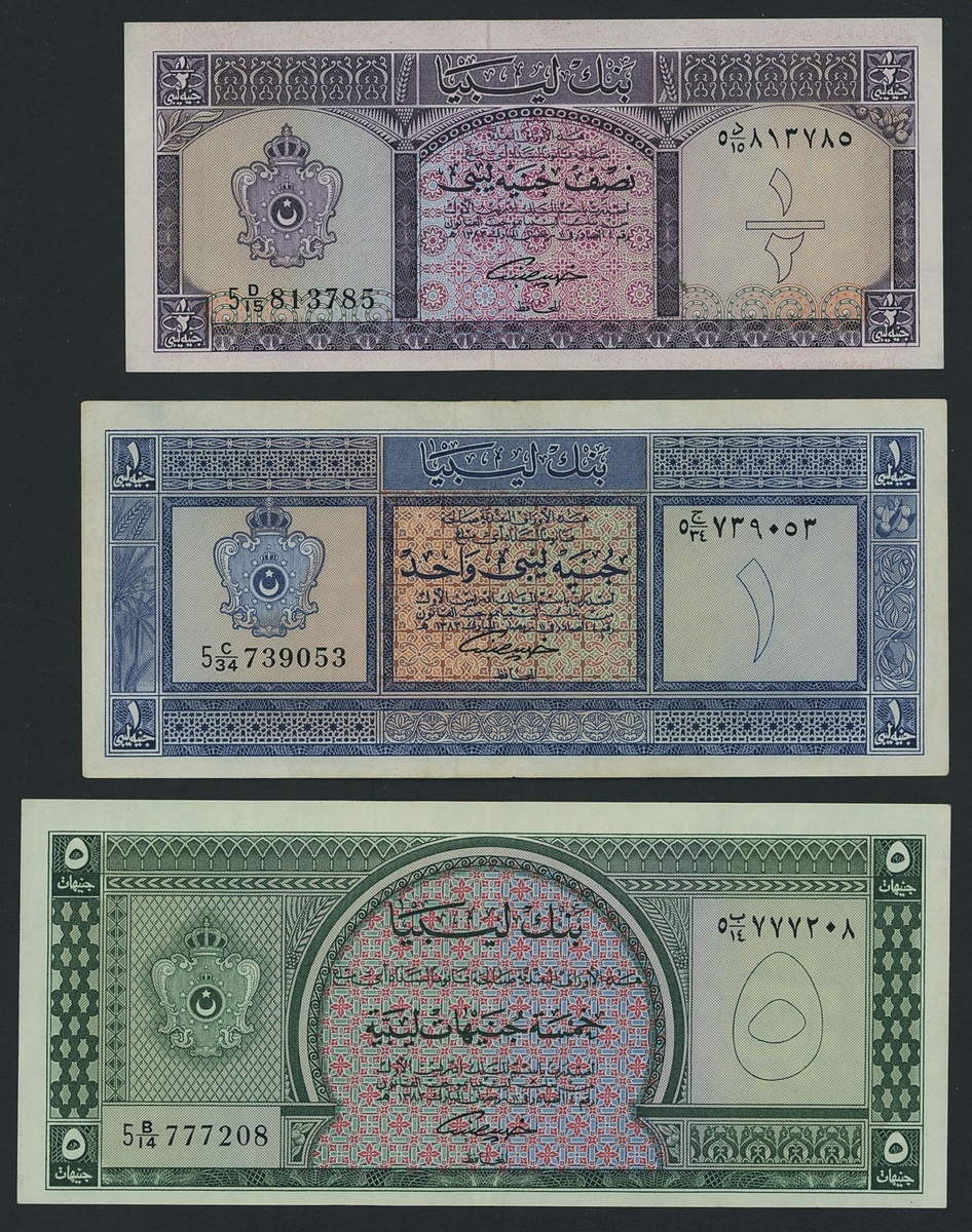 610 - Bank of Libya, [3 notes] 1/2, 1, 5 Libyan Pounds, 1963, (Pick 29...