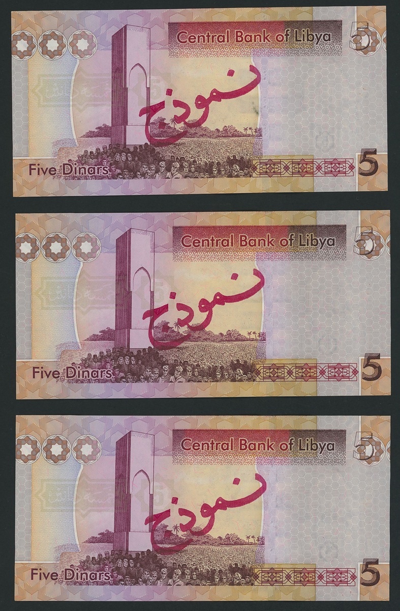 614 - Central Bank of Libya, [3 notes] specimen 5 Dinars, ND (2012), s...