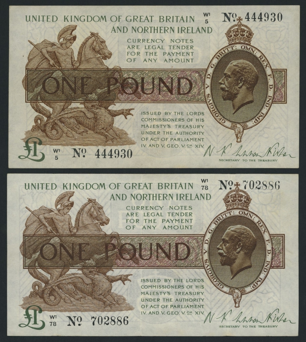 126 - Treasury Series, N. F. W. Fisher, [2 notes] £1, ND (1927), seria...