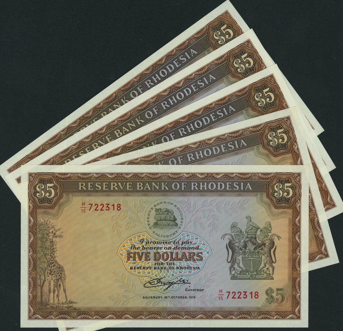 451 - Reserve Bank of Rhodesia, [5 notes] 5 Dollars, 20th October 1978...