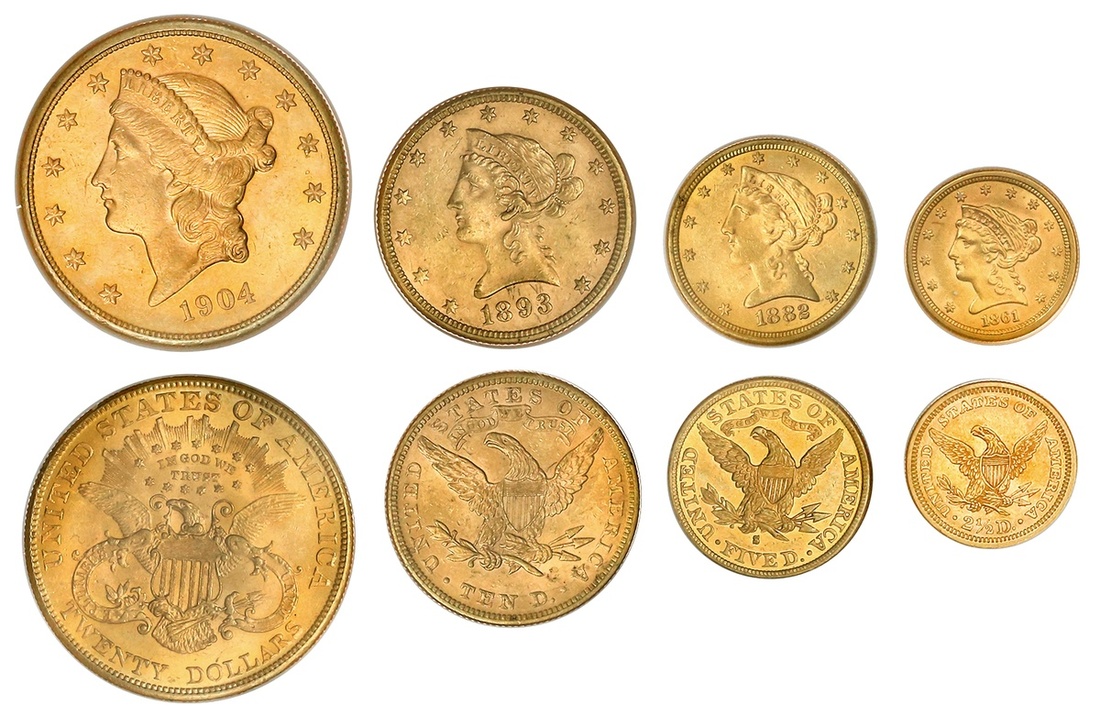 316 - Liberty head Gold Type Set. 1904 $20; $10 1893; 1882-S $5, BU, s...