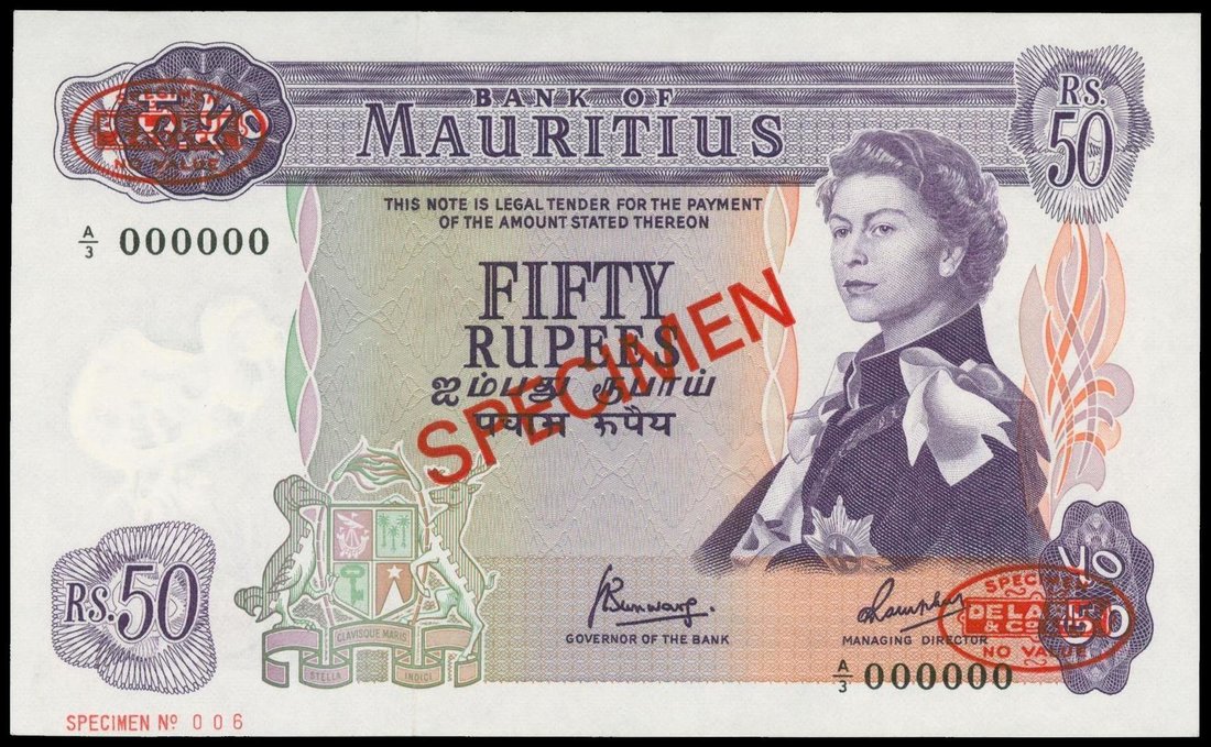 186 Mauritius 50 Rupees ND 1967 Specimen Purple On Multicolour 186-mauritius-50-rupees-nd-1967-specimen-purple-on-multicolour