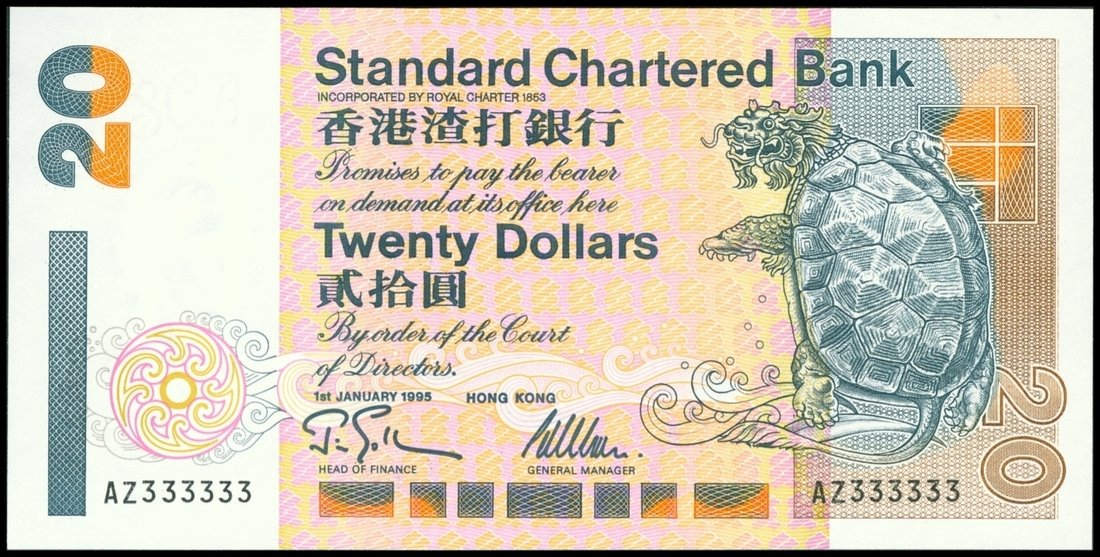 1397 - Standard Chartered Bank, $20, 1.1.1995, solid serial number AZ33...