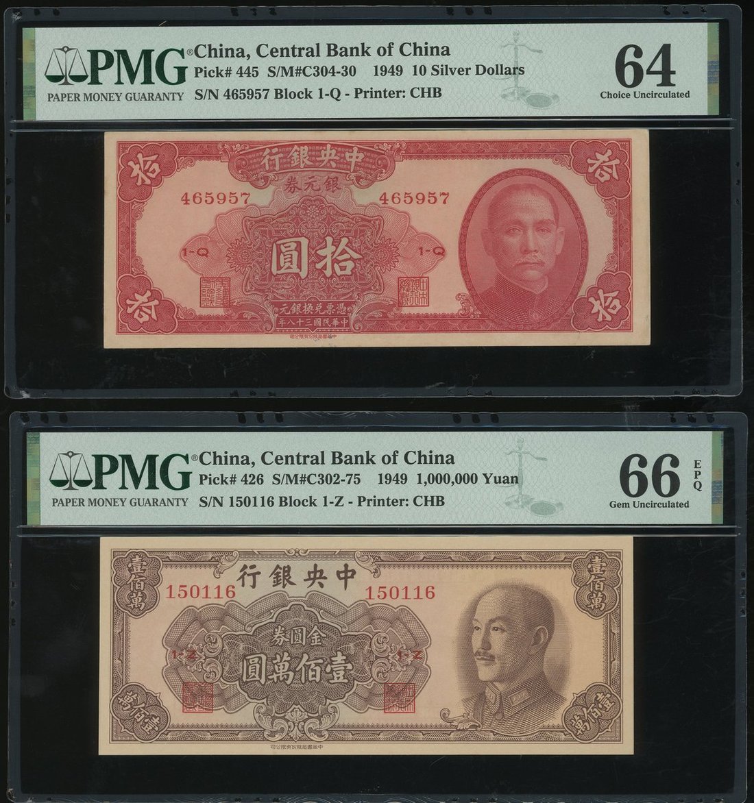 84 - Central Bank of China, 10 silver dollars and 1000000 yuan, 1949,...