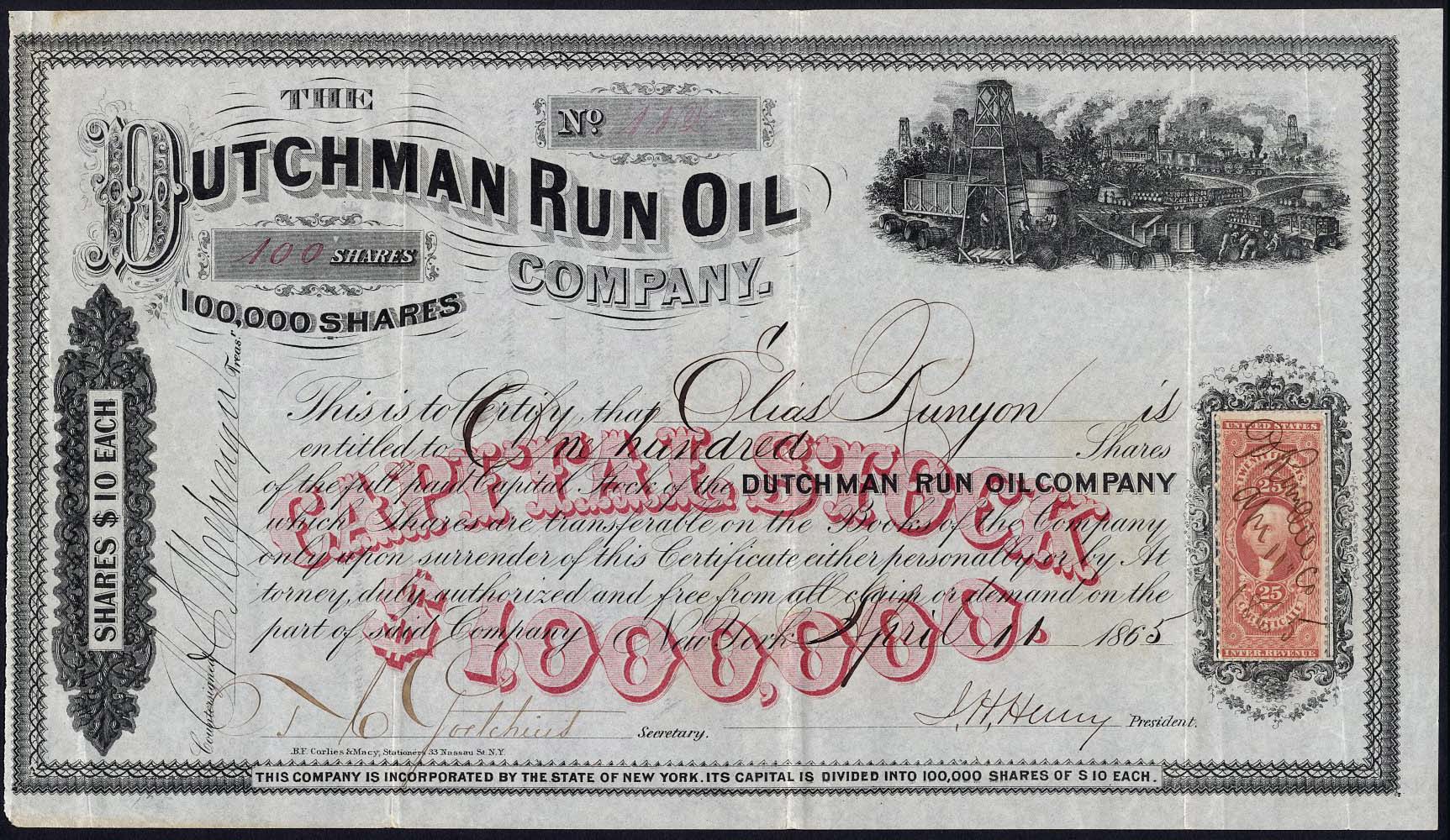 672 Dutchman Run Oil Company (NY), 10 shares, New York 186[5], no.1...