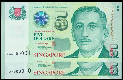 1620 - Singapore, pair of $5 notes, 2005, lucky serial numbers 1 AN0000...