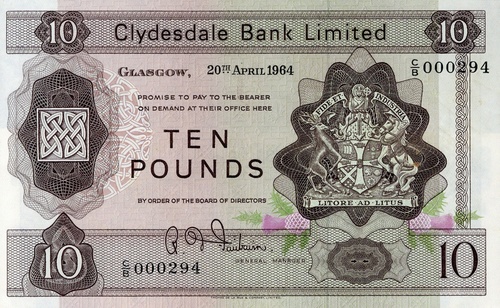 3294 - The Clydesdale Bank Limited , £10 (2), 20 April 1964, serial num