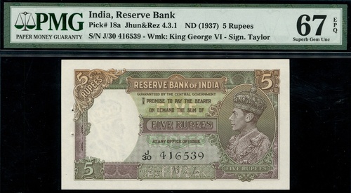 1140 Reserve Bank Of India 5 Rupees Nd 1937 Serial Number J30 4 1562