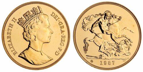 3 - Elizabeth II (1952- ), Brilliant Uncirculated Five Pounds, 1987,...