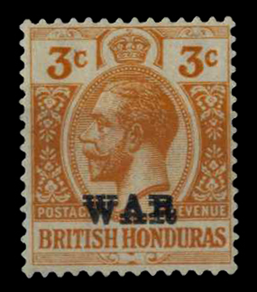 47 British Honduras War Tax Stamps — 3c. orange, variety overprint...