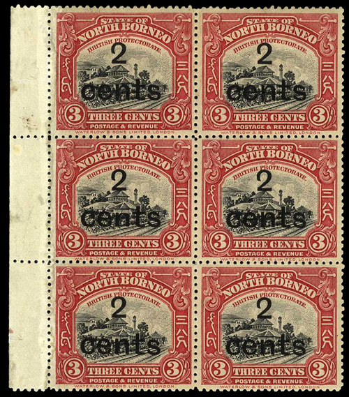 111 - North Borneo — 2c. on 3c. mint blocks of six (2) and four (2),...